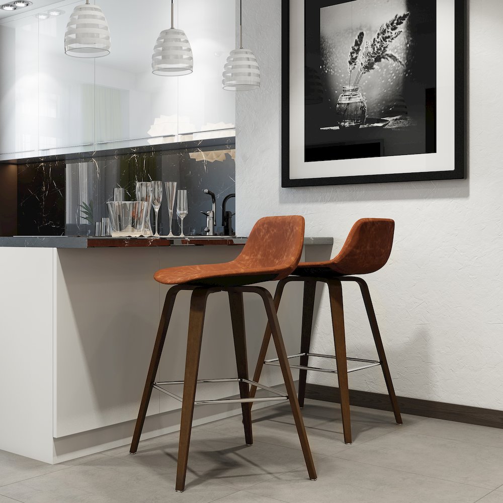 Randolph Bentwood Counter Height Stool (Set Of 2) In Deep Tan Vegan Faux Leather. Picture 5