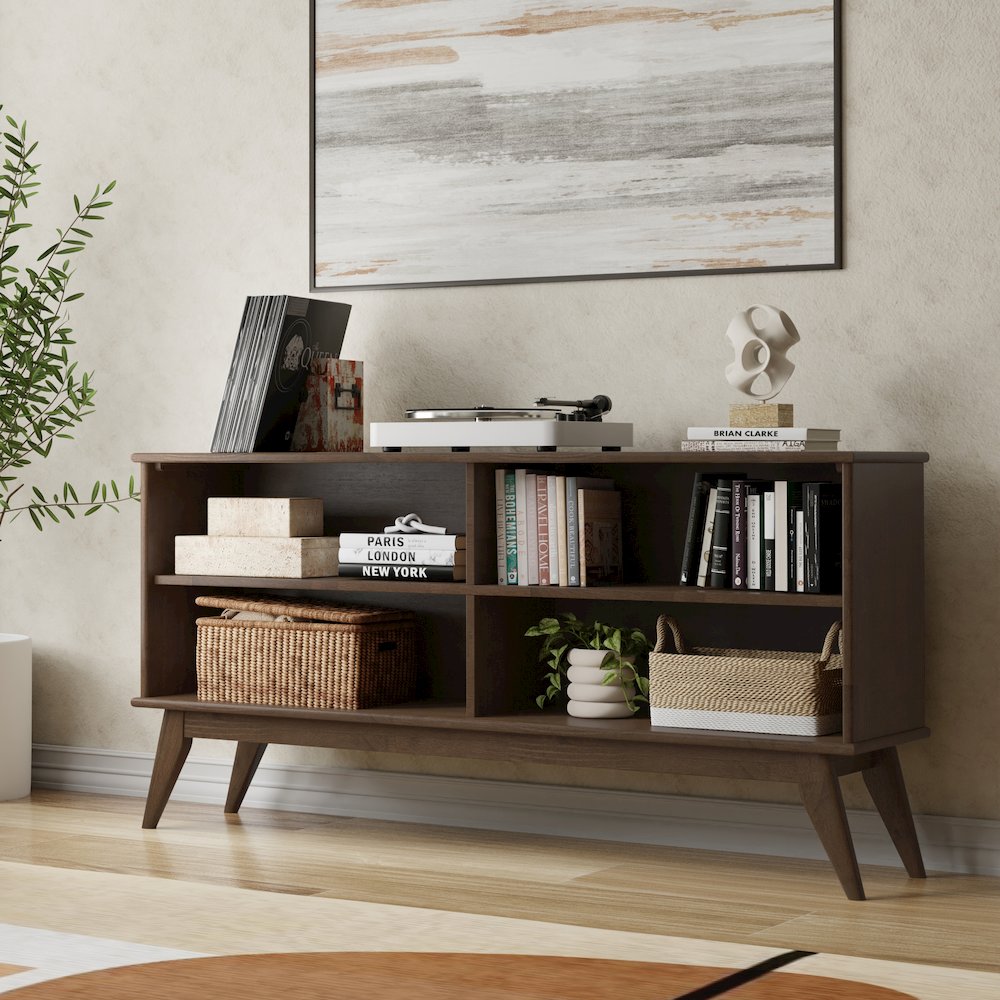SOLID HARDWOOD 30 inch x 64 inch Mid Century Modern Low Bookcase in Walnut Brown. Picture 7