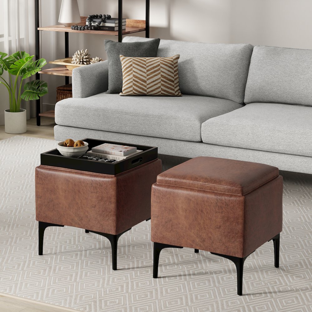 Natasha Storage Ottoman With Tray In Distressed Saddle Brown  Vegan Faux Leather. Picture 5