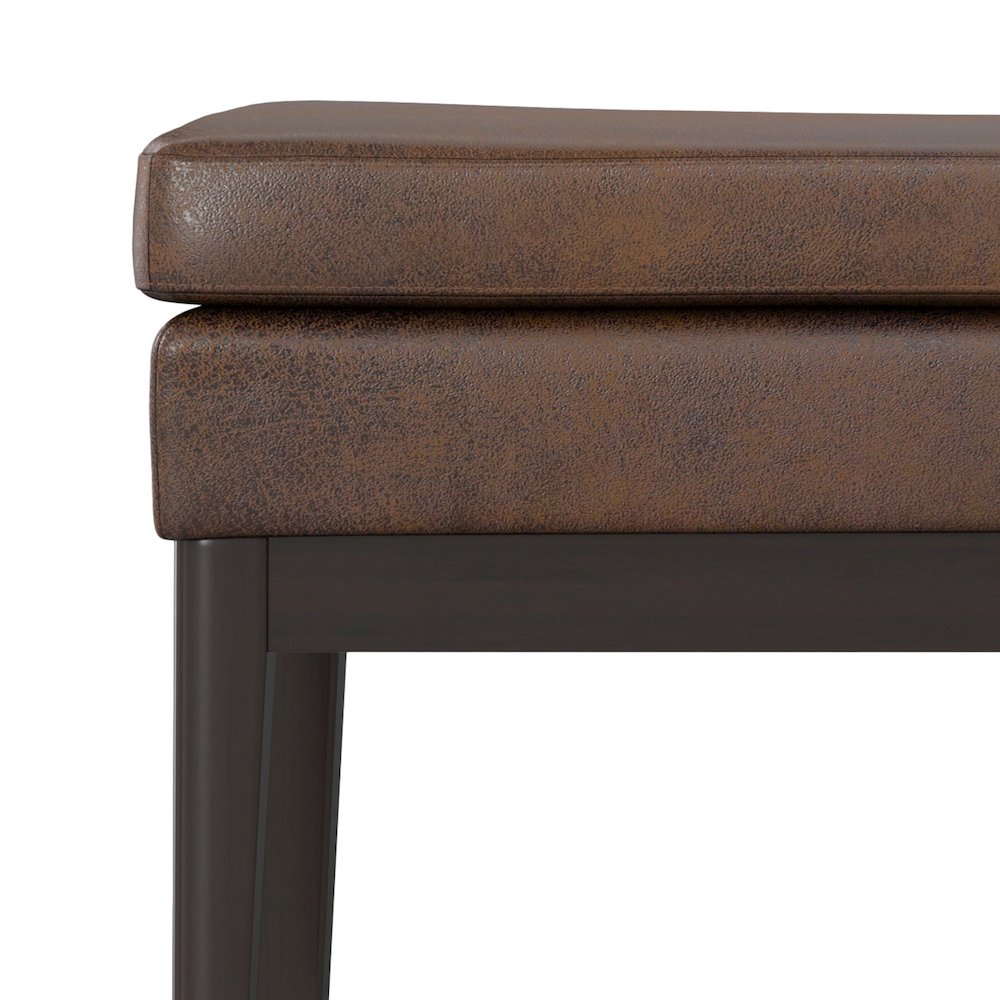 Mid Century Ottoman Bench In Distressed Chestnut Brown Vegan Faux Leather. Picture 4