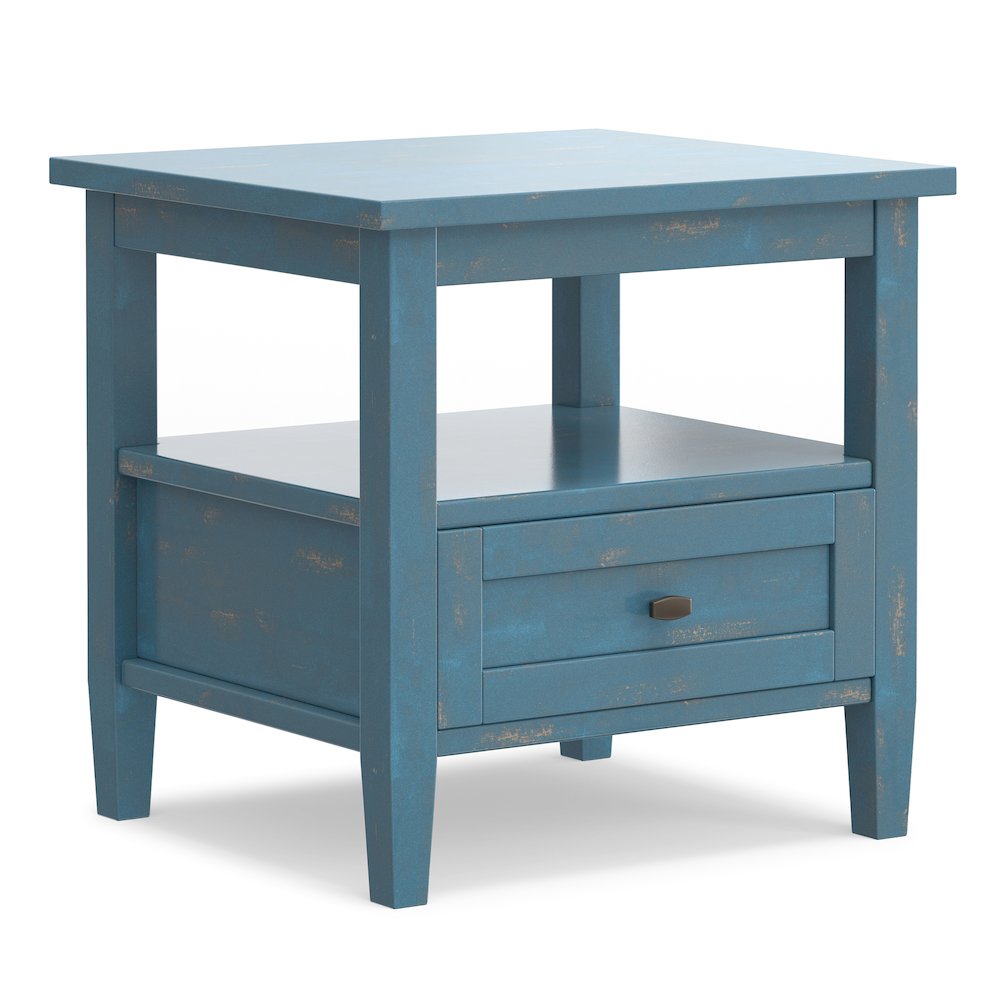 Solid Wood 20 inch Wide Transitional End Table in Distressed Coastal Blue. Picture 1