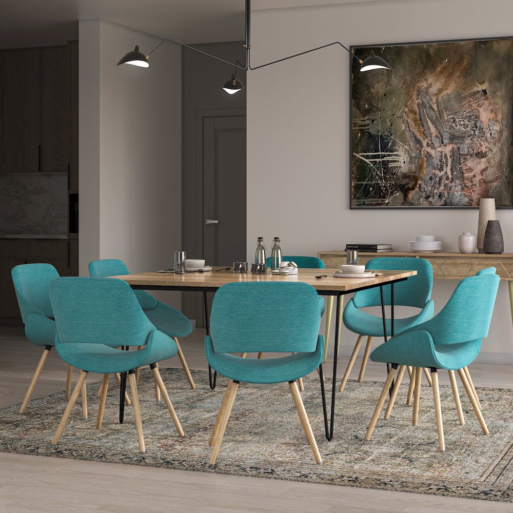 Malden Bentwood Dining Chair With Light Wood In Turquoise Blue Linen Look Fabric. Picture 5