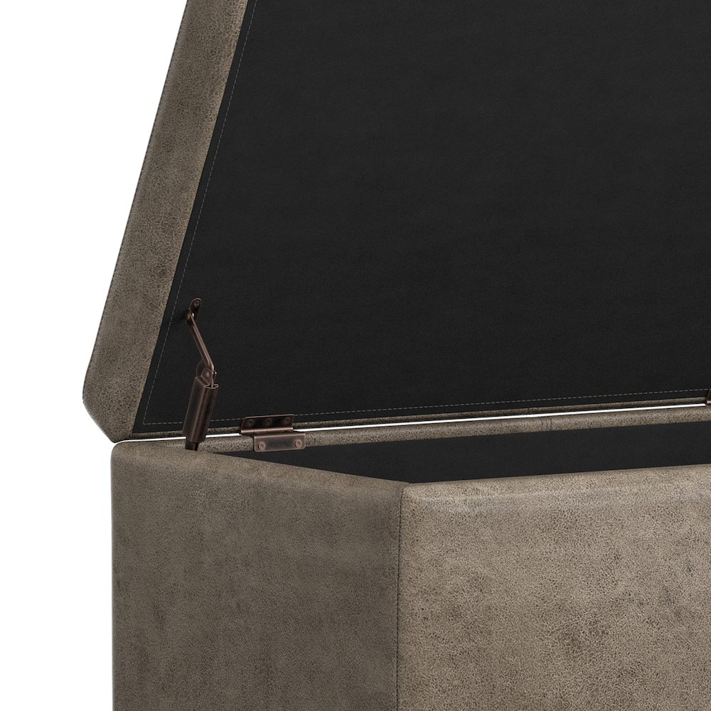 48 inch Wide Storage Ottoman Bench in Distressed Smoky Grey Brown Vegan Leather. Picture 4