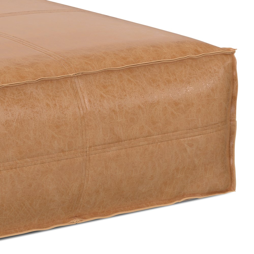 Brody Extra Large Coffee Table Pouf In Distressed Brown Vegan Faux Leather. Picture 3