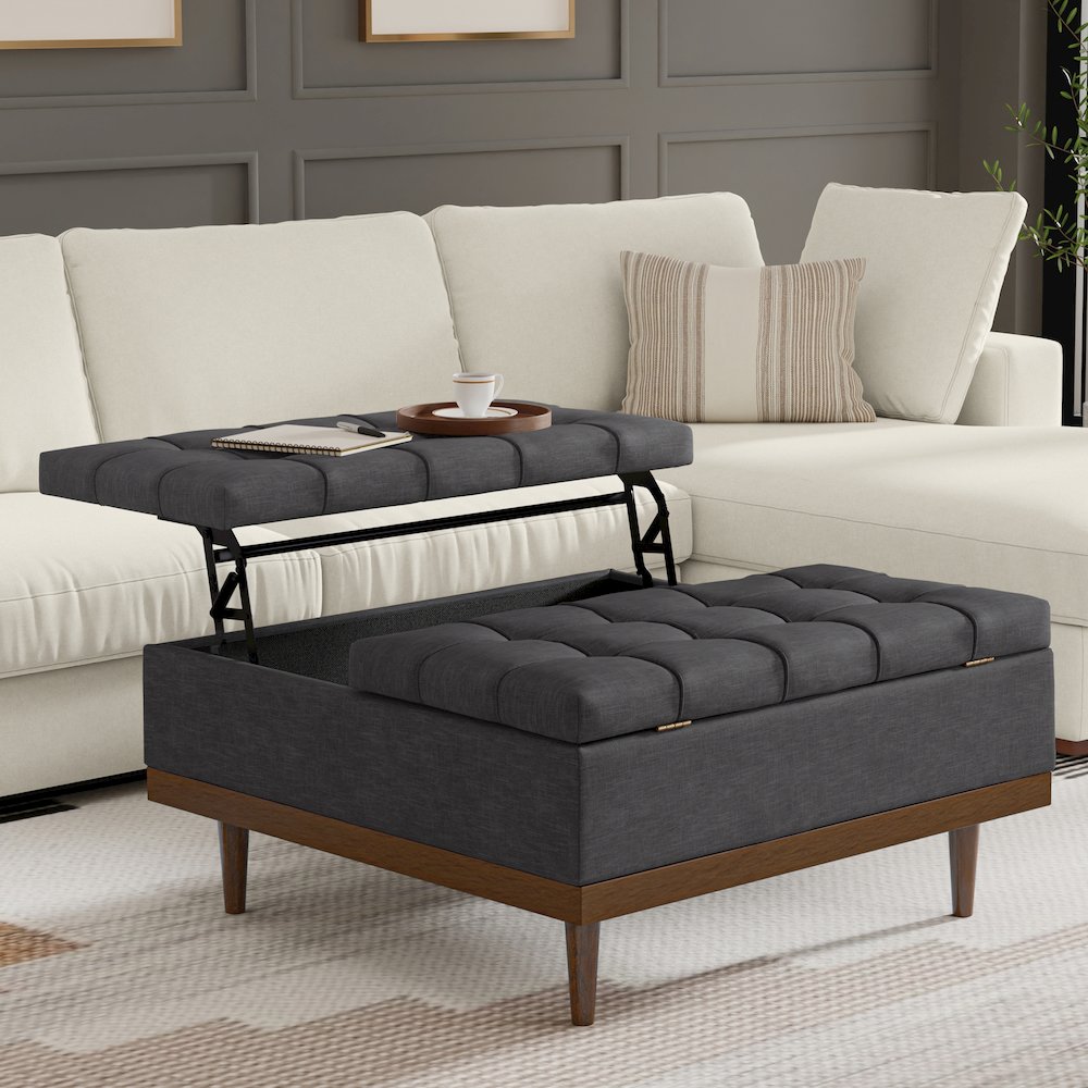 Mariah Lift Top Table Storage Ottoman in Slate Grey  Polyester Linen. Picture 2