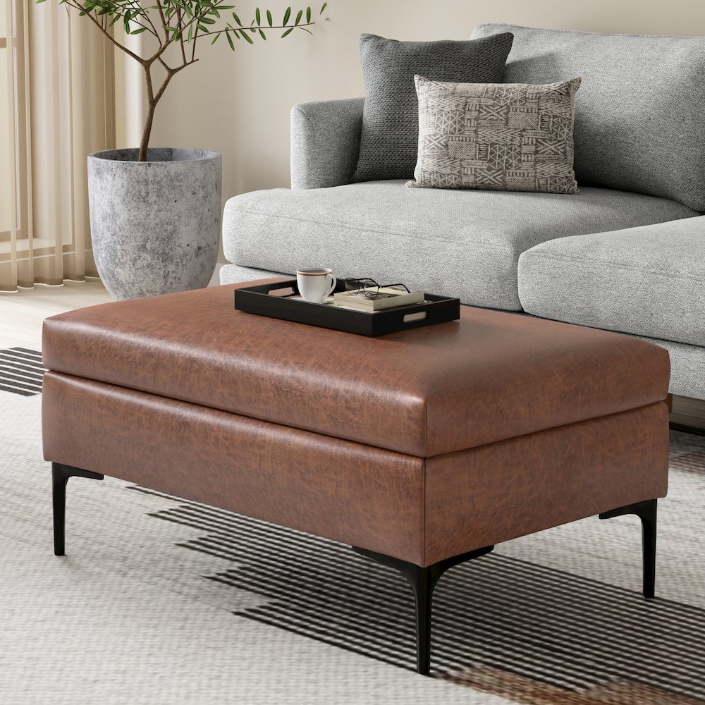 Coffee Table Ottoman In Distressed Saddle Brown Distressed Vegan Faux Leather. Picture 7