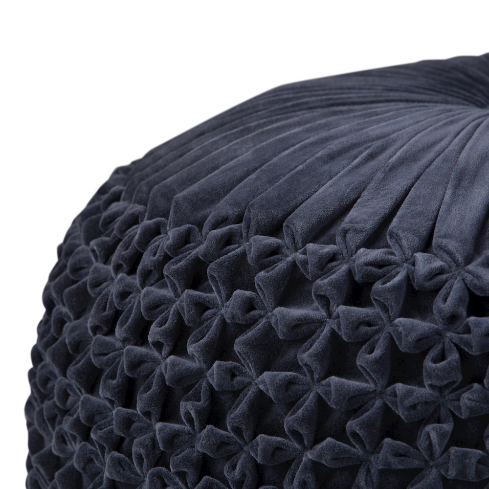 Renee Round Pouf In Navy Velvet Fabric. Picture 2