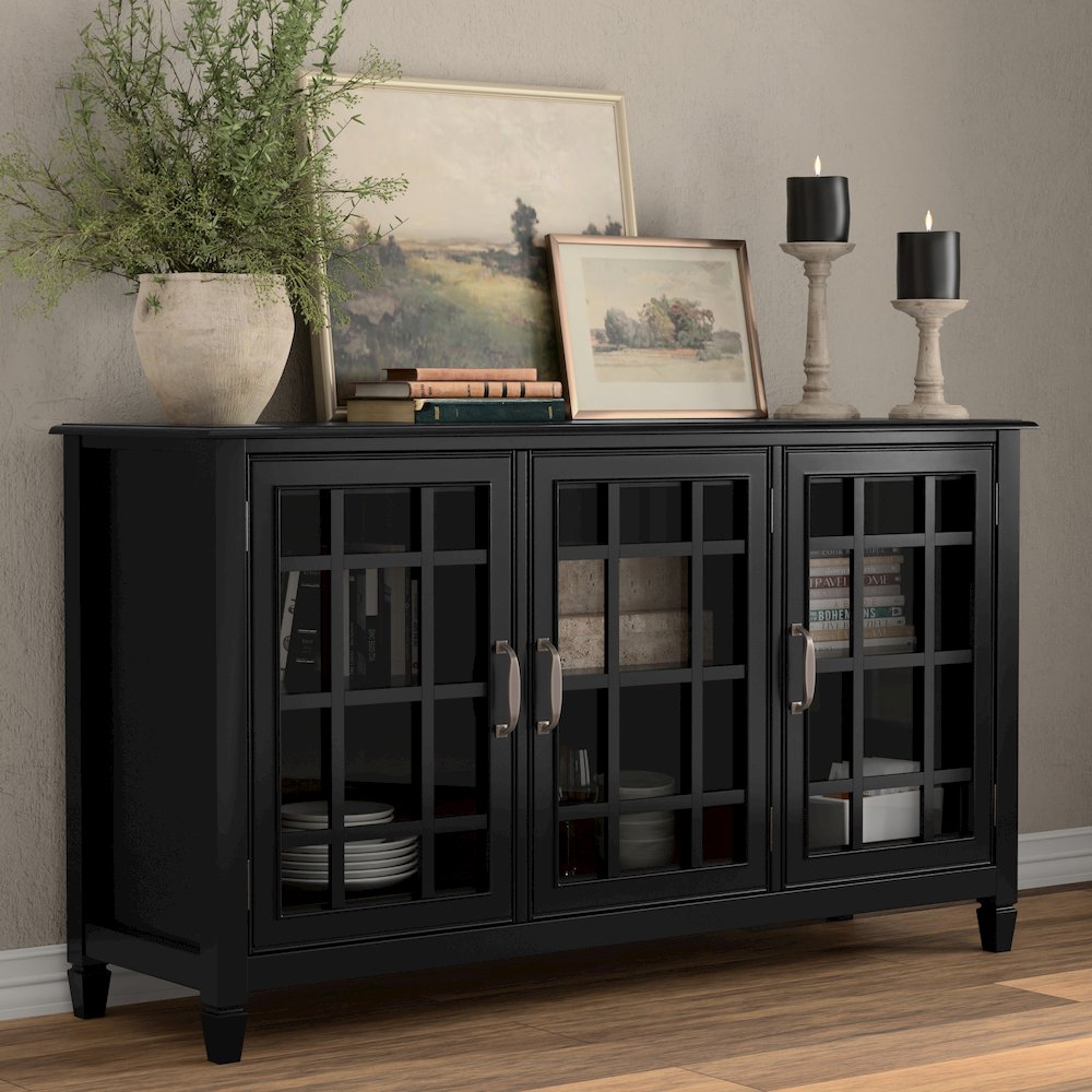 Solid Wood 60 Inch Wide Traditional Wide Storage Cabinet Buffet In Black. Picture 7
