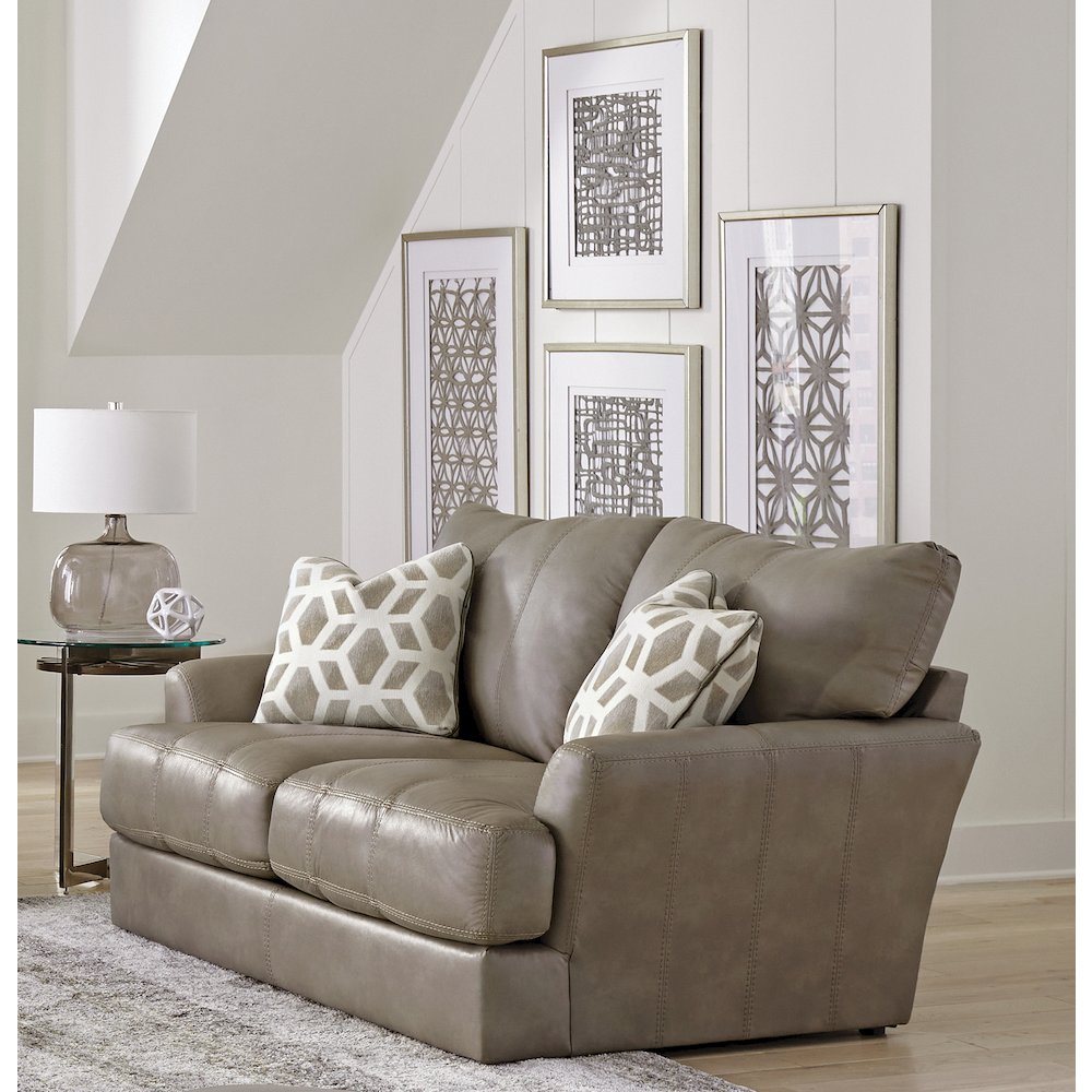 Top Grain Italian Leather Match Loveseat with Cuddler Cushions in Beige Color. Picture 5