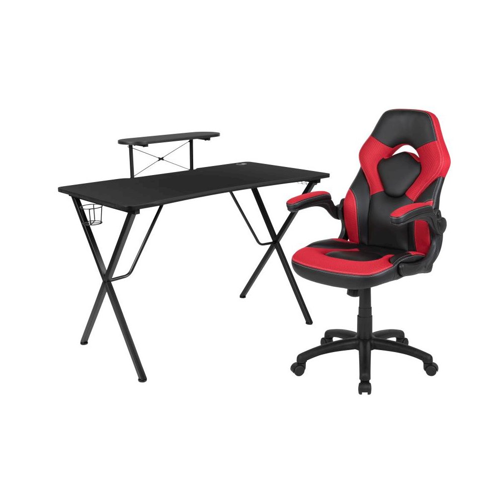 Black Gaming Desk and Red/Black Racing Chair Set with Cup Holder, Headphone Hook, and Monitor/Smartphone Stand. Picture 1