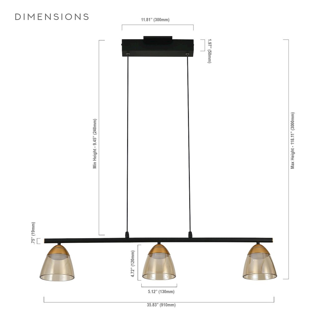 3-Light Height Adjustable Pendant Lighting Integrated LED Black Chandelier. Picture 21