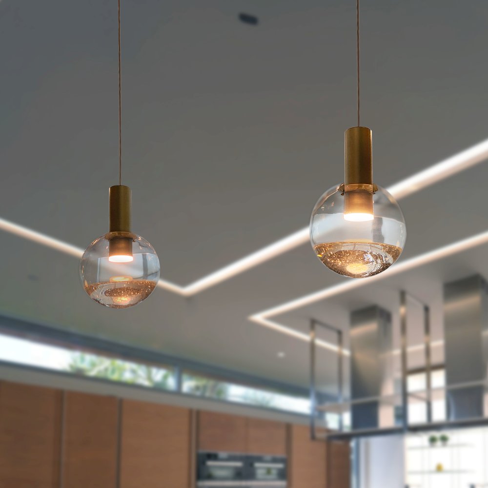 Integrated LED Height Adjustable Pendant Light with Globe Shade, Brass. Picture 2