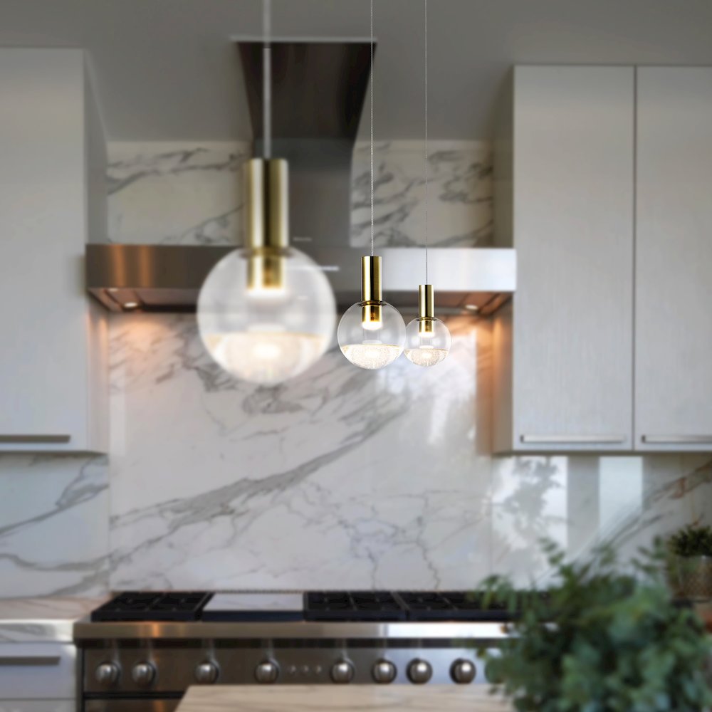 Integrated LED Height Adjustable Pendant Light with Globe Shade, Brass. Picture 3