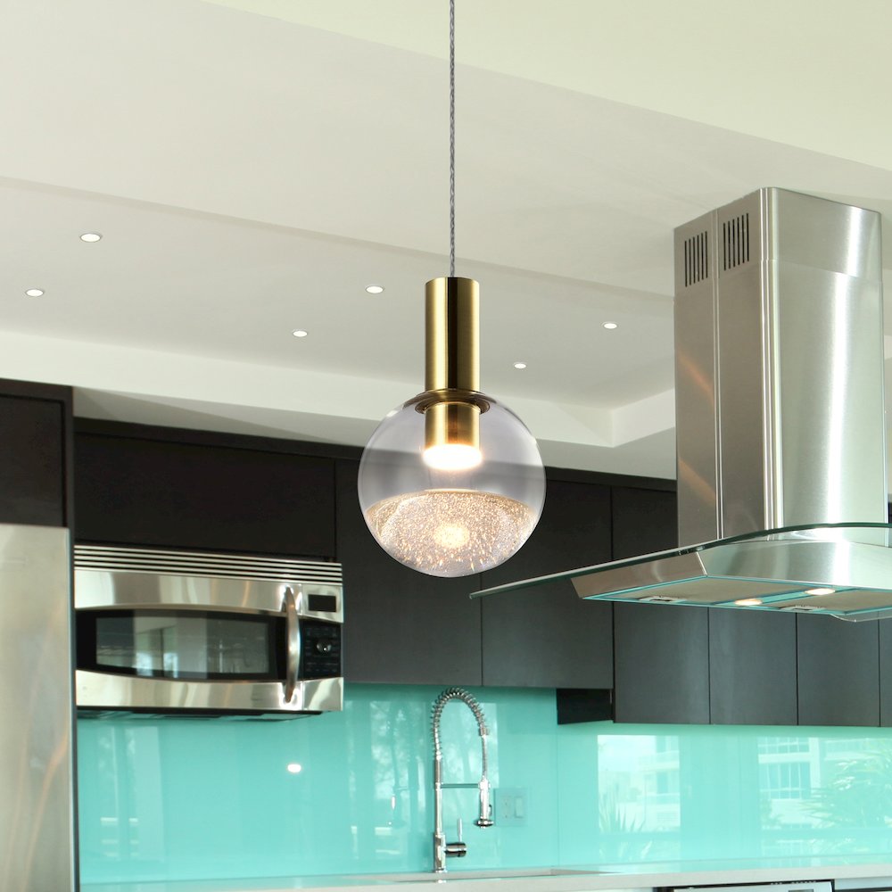 Integrated LED Height Adjustable Pendant Light with Globe Shade, Brass. Picture 5