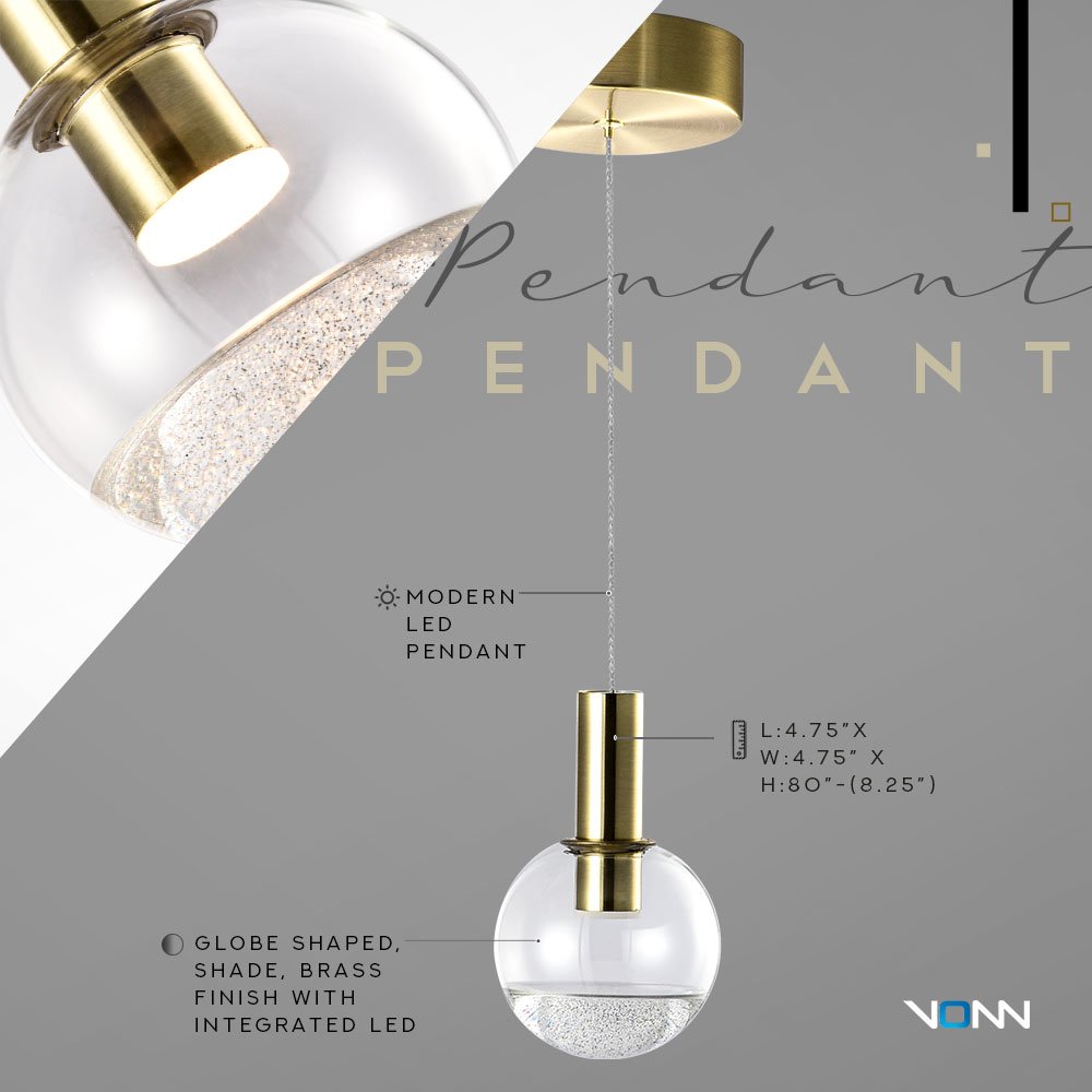 Integrated LED Height Adjustable Pendant Light with Globe Shade, Brass. Picture 12