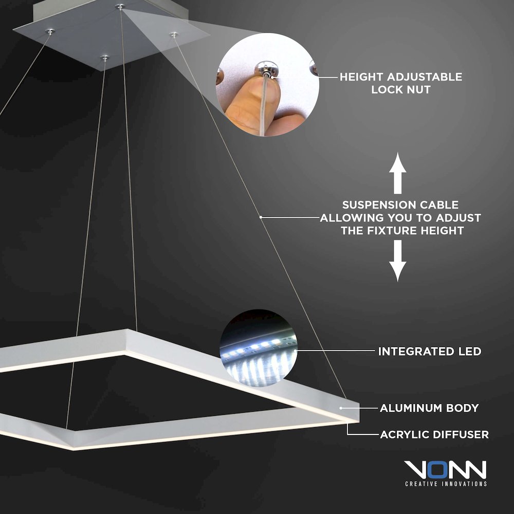 Integrated LED Pendant Light Square Height Adjustable Chandelier in Silver. Picture 17