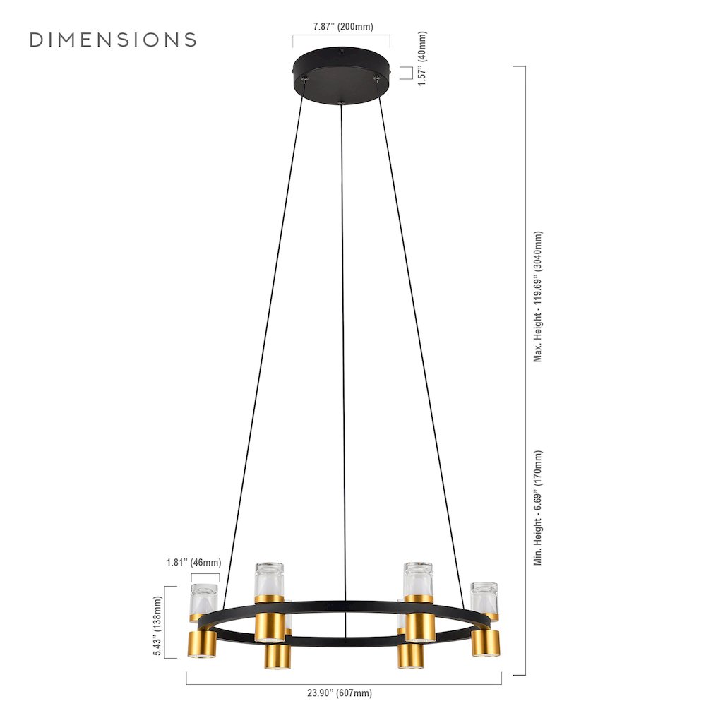 6-Light Pendant Lighting Height Adjustable Integrated LED Black Chandelier. Picture 14