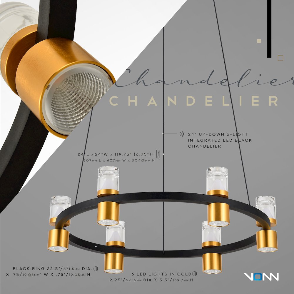 6-Light Pendant Lighting Height Adjustable Integrated LED Black Chandelier. Picture 15