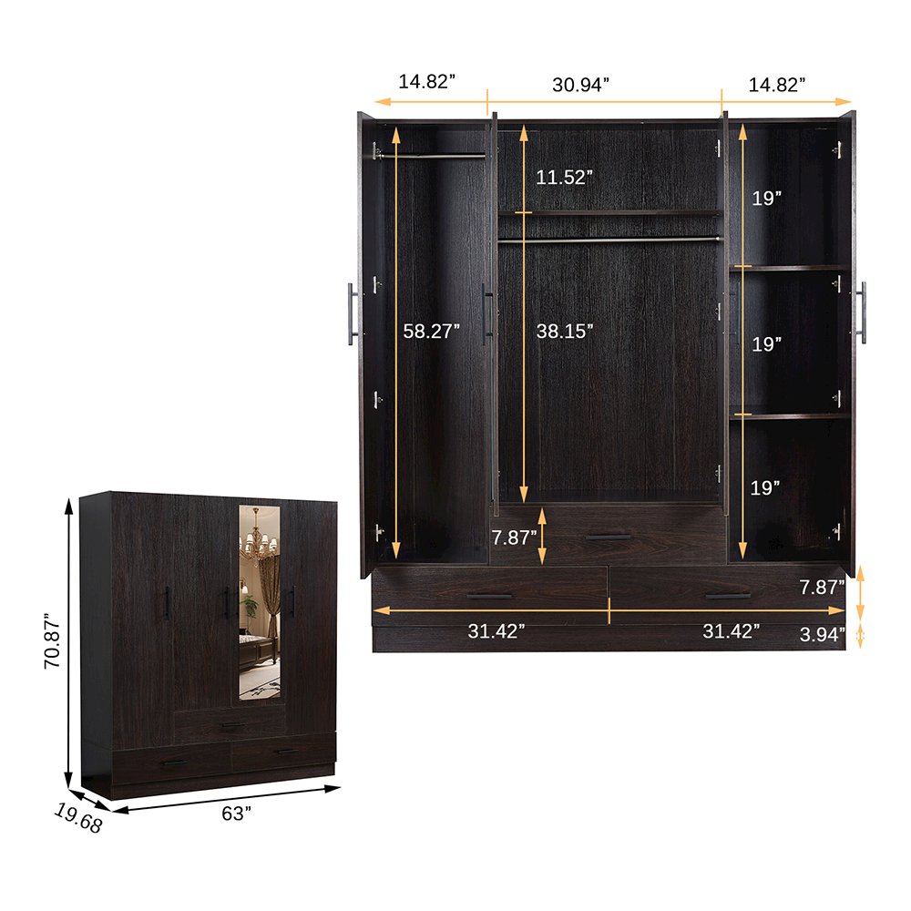 LivelyLodge 74''H White Armoire Wardrobe Closet with 3 Doors. Picture 3