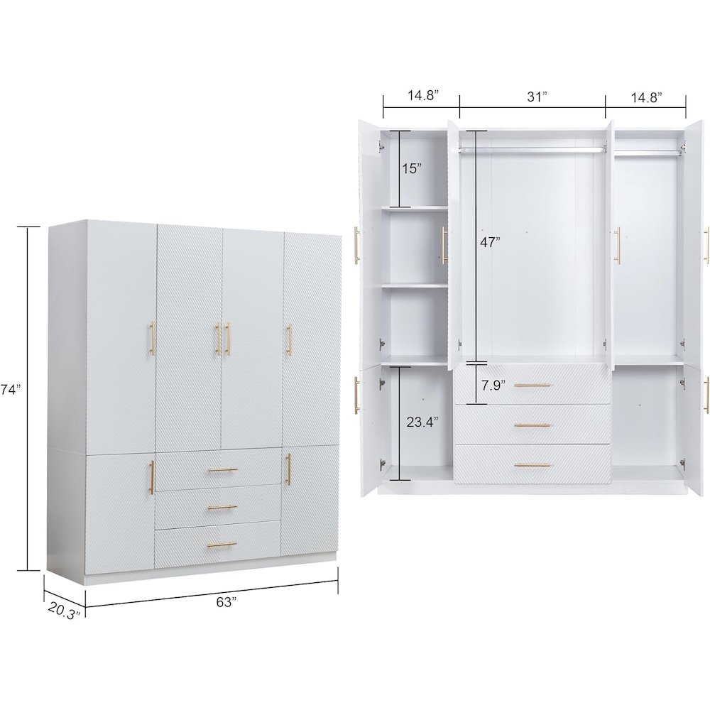 74.2" Tall 4 Doors 3 Drawers White Closet Wardrobe Closet Armoire. Picture 3