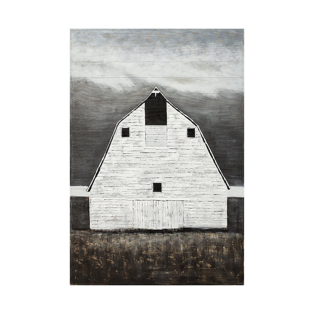Farmhouse White Barn Original Hand Painted on Wood Oil Painting. Picture 1