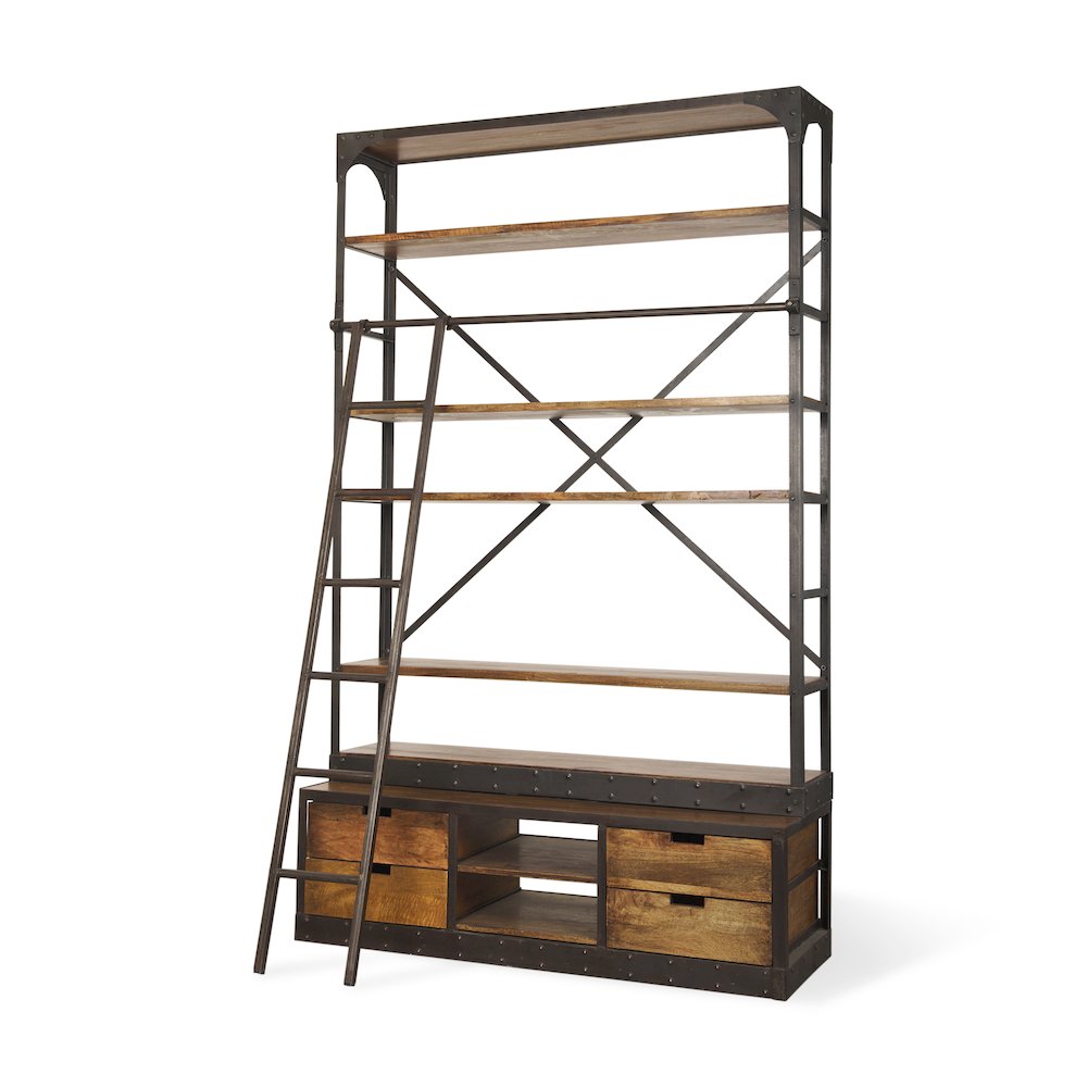 Medium Brown Wood Black Ladder Four Shelf Shelving Unit 57L x 20.5W x94H. Picture 1