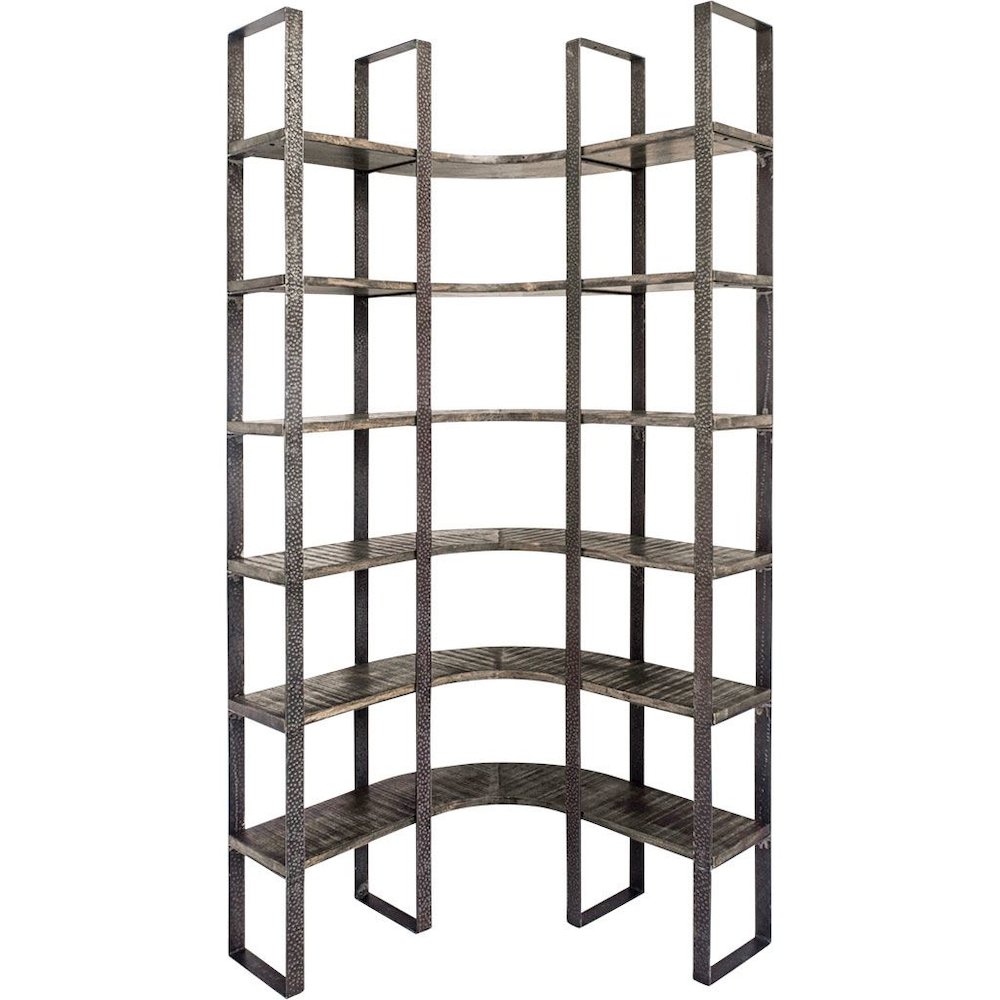 Curved Brown Wood and Black Iron Six Shelving Unit. Picture 1