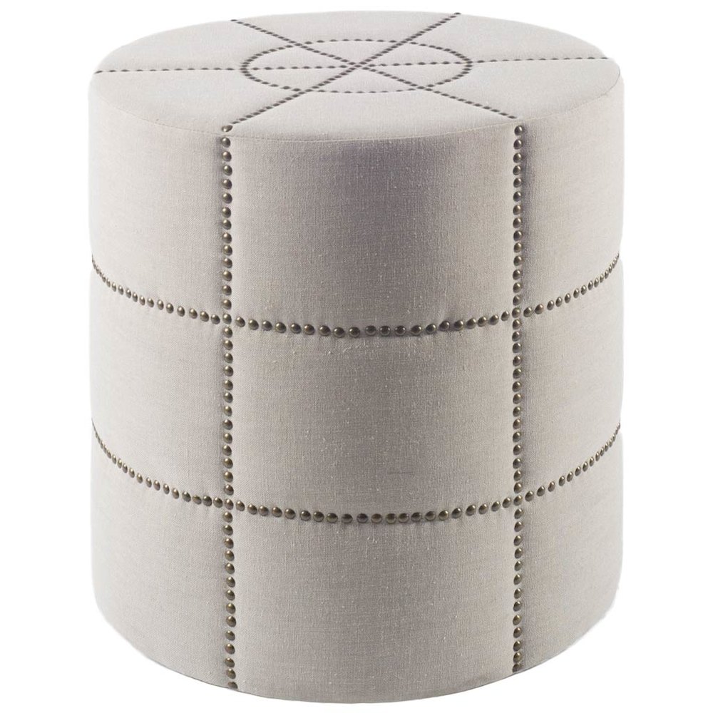 Beacon 20.5"H Cream Fabric w/ Metal Tacks Round Ottoman. Picture 1