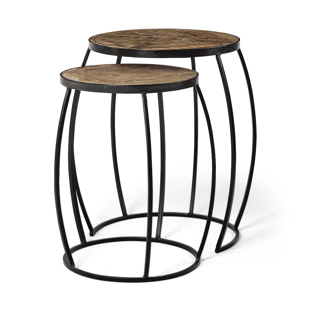 (Set of 2) Brown Round Wood Top W/ Black Metal Frame Nesting Accent Tables. Picture 1
