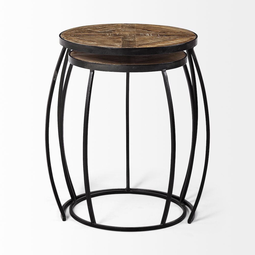 (Set of 2) Brown Round Wood Top W/ Black Metal Frame Nesting Accent Tables. Picture 4