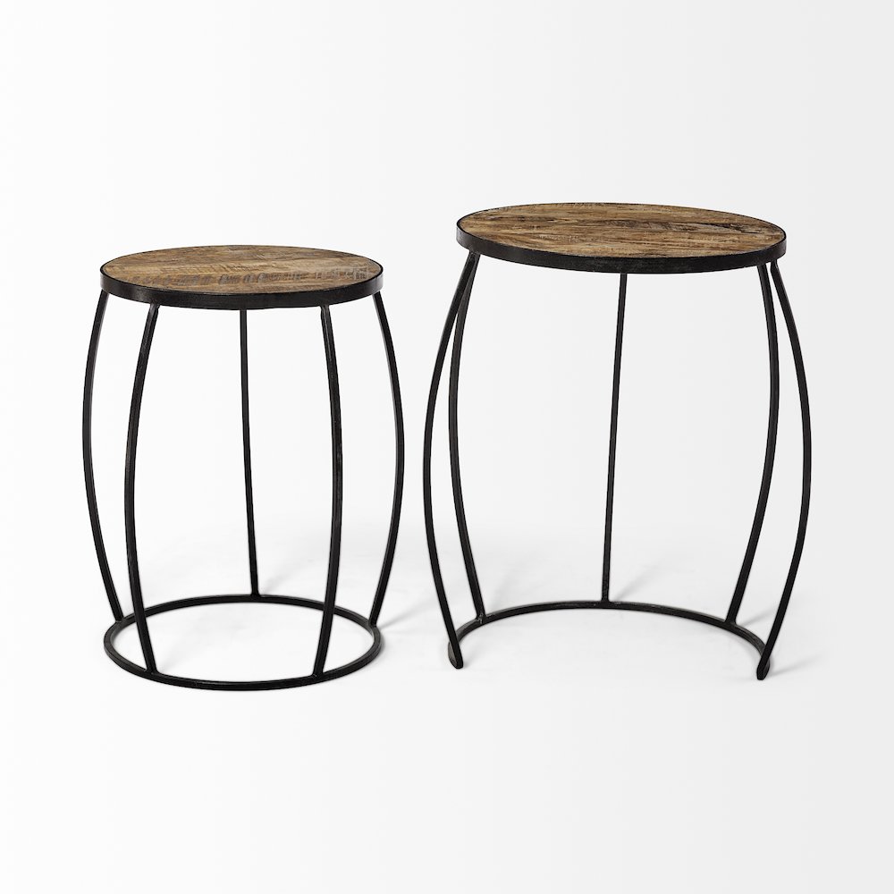 (Set of 2) Brown Round Wood Top W/ Black Metal Frame Nesting Accent Tables. Picture 5