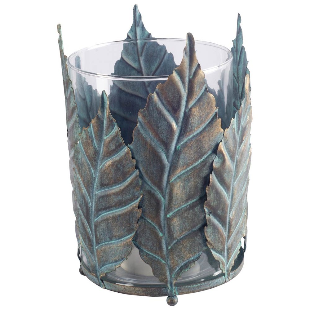 Pana II Large Green/Gold Metal Leaf Table Candle Holder. Picture 1