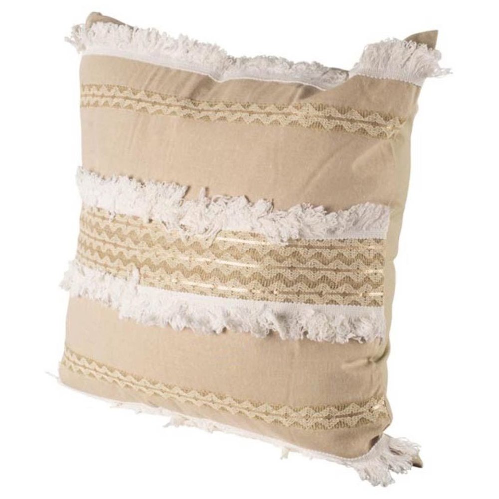 Duston III 22 x 22 Tan and White Fringe Detail Decorative Pillow Cover. Picture 1
