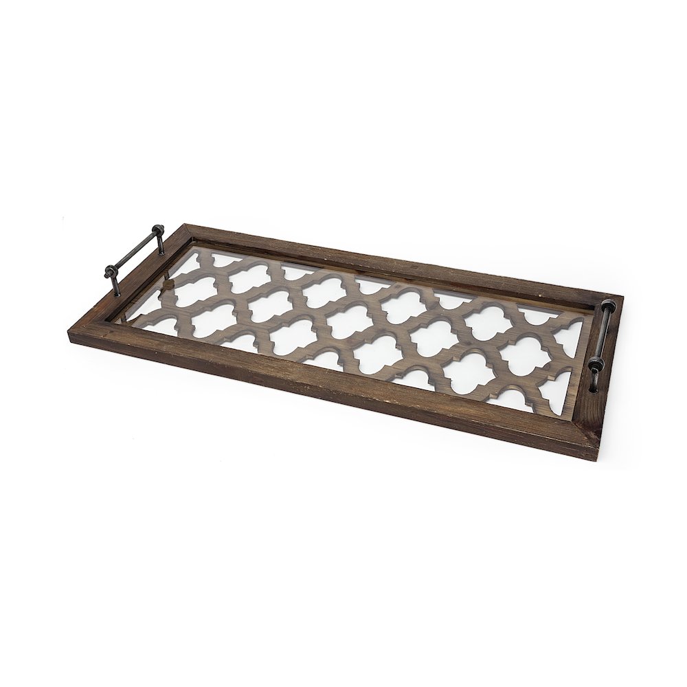 Stotonic 35L x 16W Brown Wood W Glass Top Rectangular Serving Tray. Picture 1
