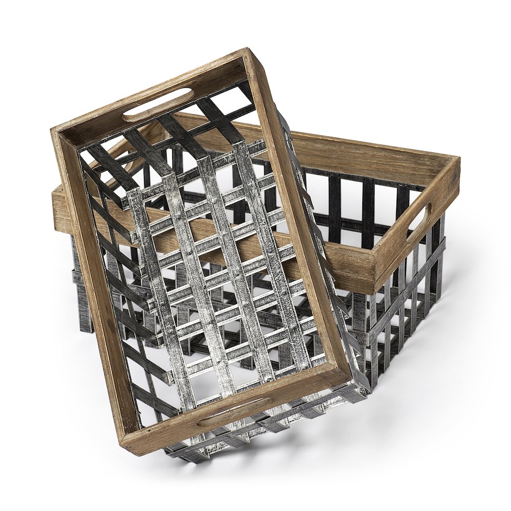 Chartrand Set of 2 Wood And Metal Open Crate Style Baskets. Picture 1