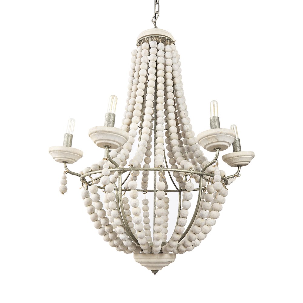 Silver Metal Chassis and White Wood Beaded Six Bulb Chandelier. Picture 1