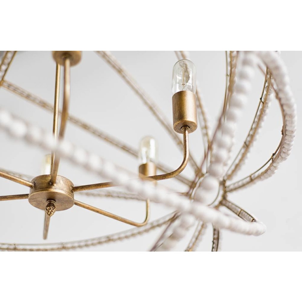 Ava White (34"D) Gold Metal and White Wood Beaded Six Bulb Chandelier. Picture 4
