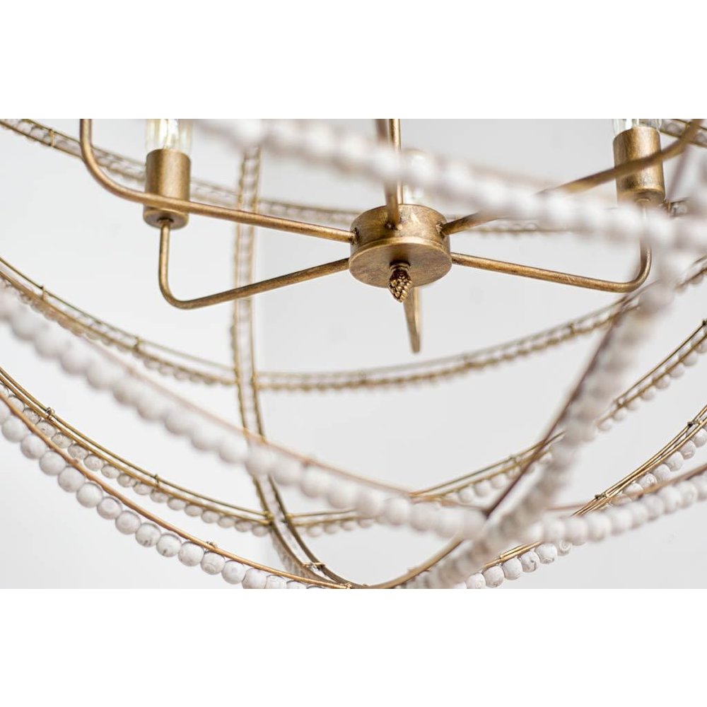 Ava White (34"D) Gold Metal and White Wood Beaded Six Bulb Chandelier. Picture 5