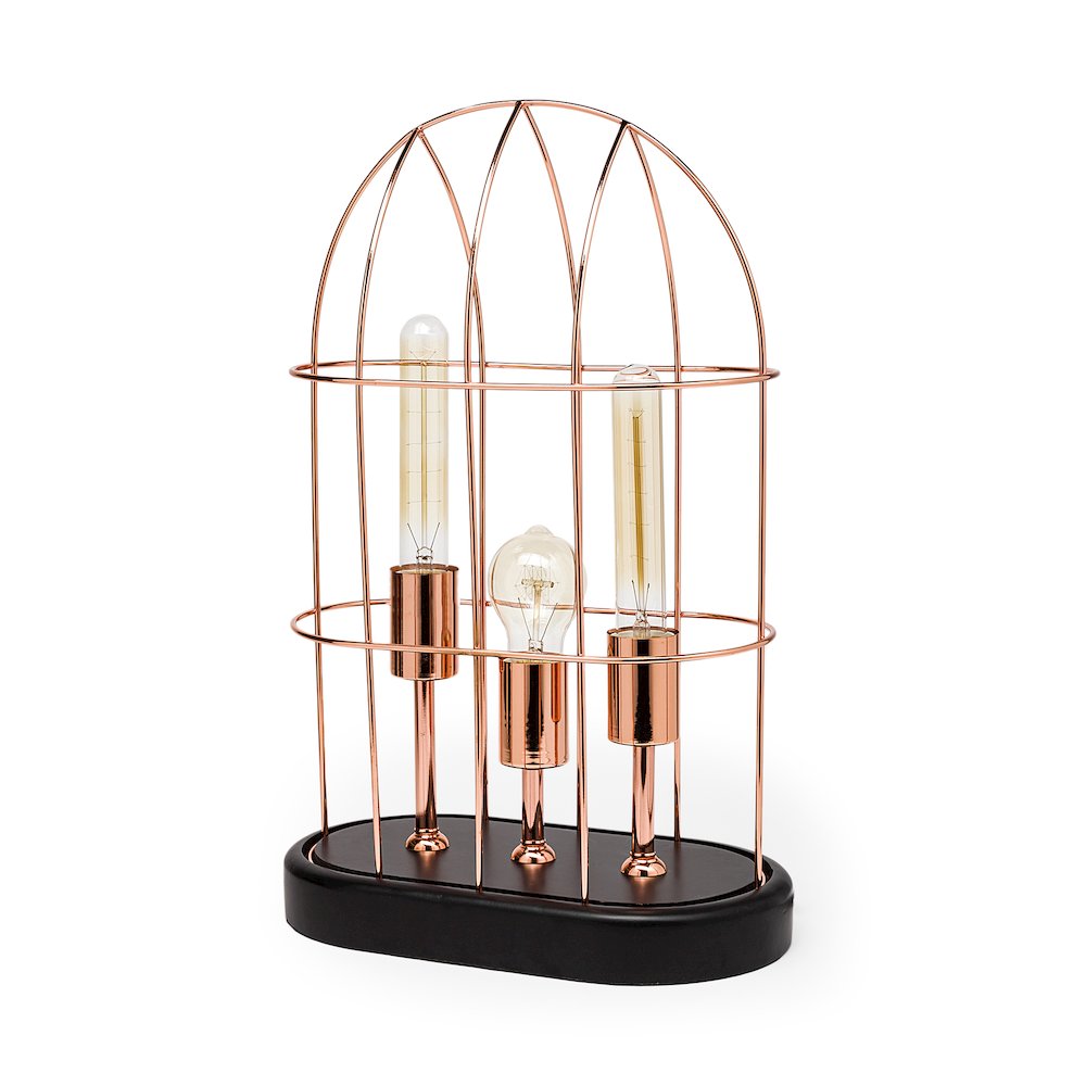 Sutton (19.3"H) Rose-Gold Metal Cylindrical Cage Three Bulb Table Lamp. Picture 1