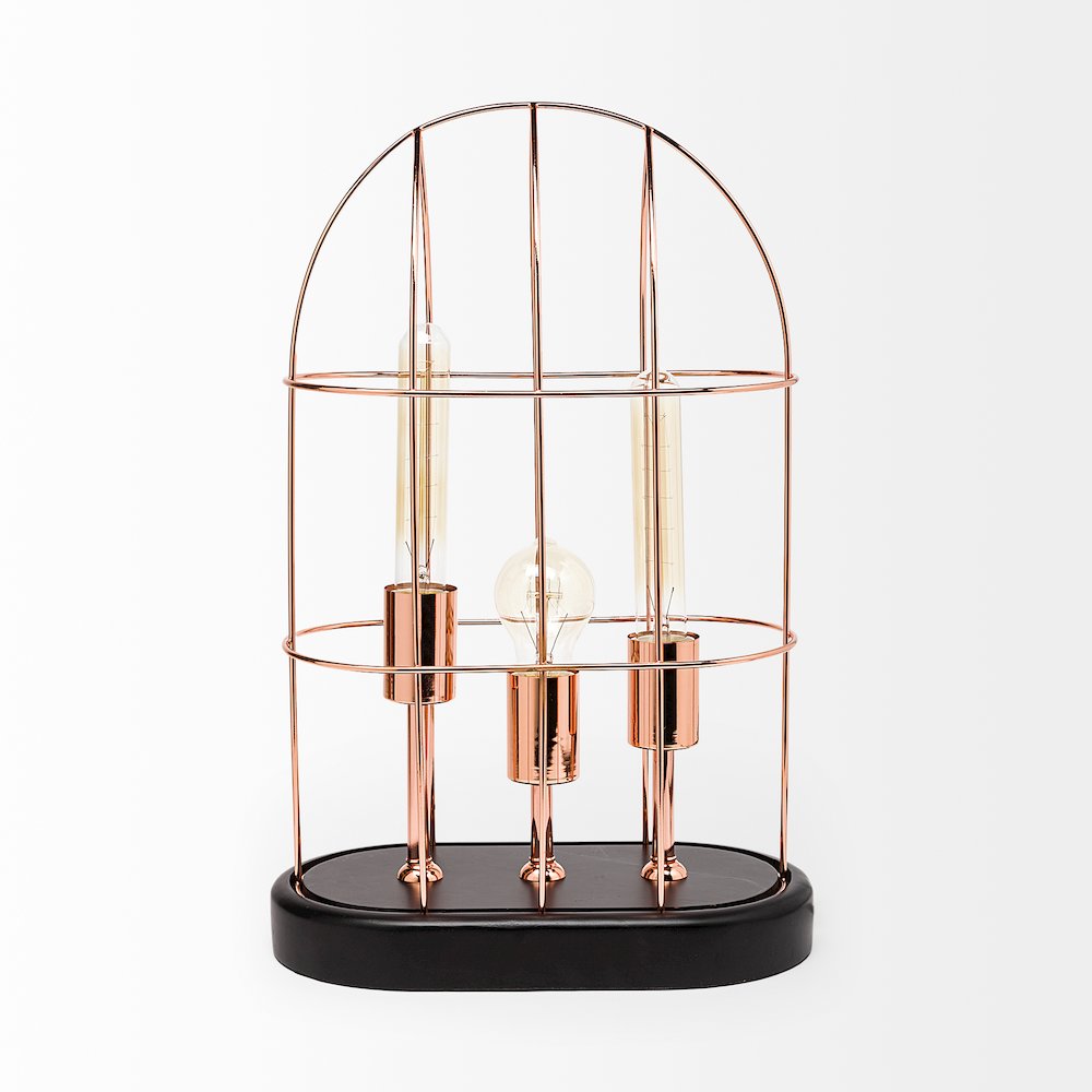 Sutton (19.3"H) Rose-Gold Metal Cylindrical Cage Three Bulb Table Lamp. Picture 3