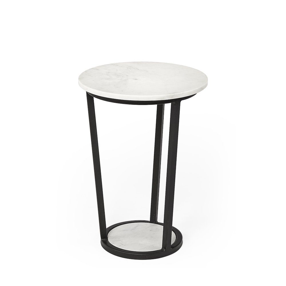 White Round Marble Top W/Black Metal Frame Accent Table. Picture 1