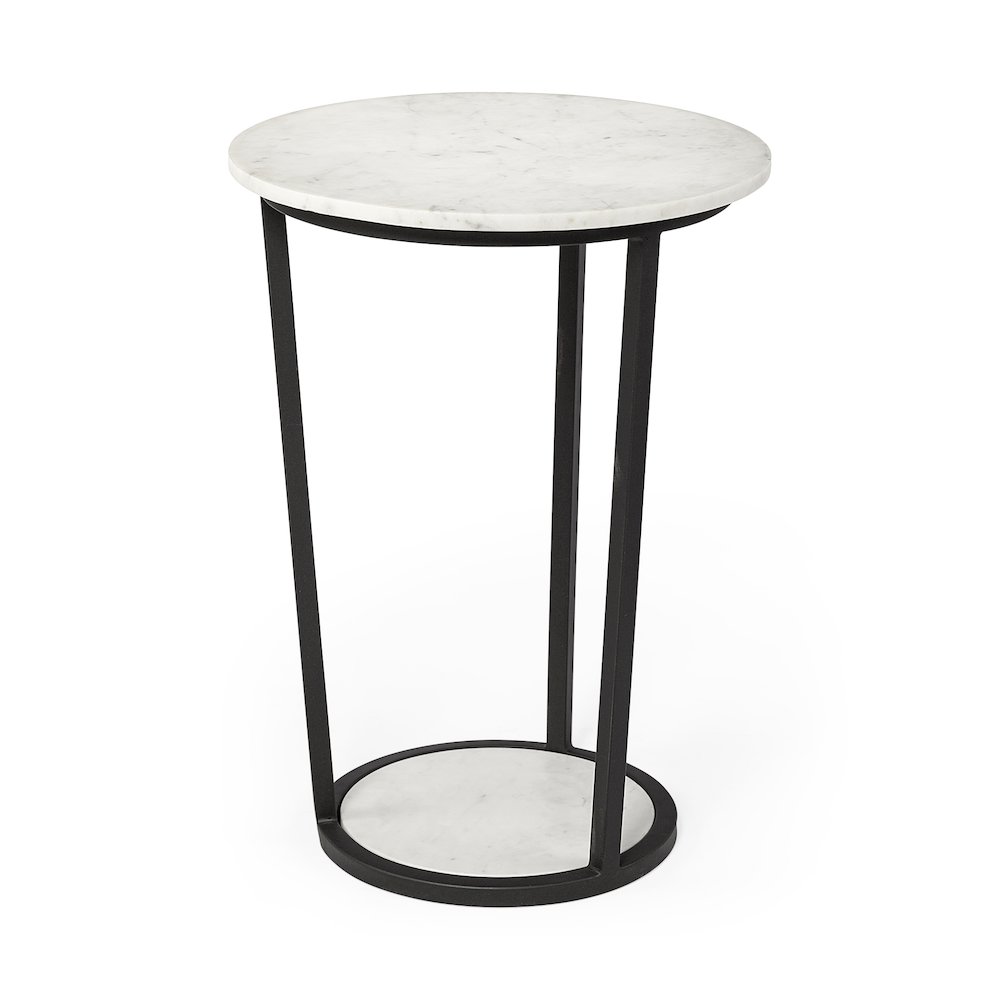 White Round Marble Top W/Black Metal Frame Accent Table. Picture 1