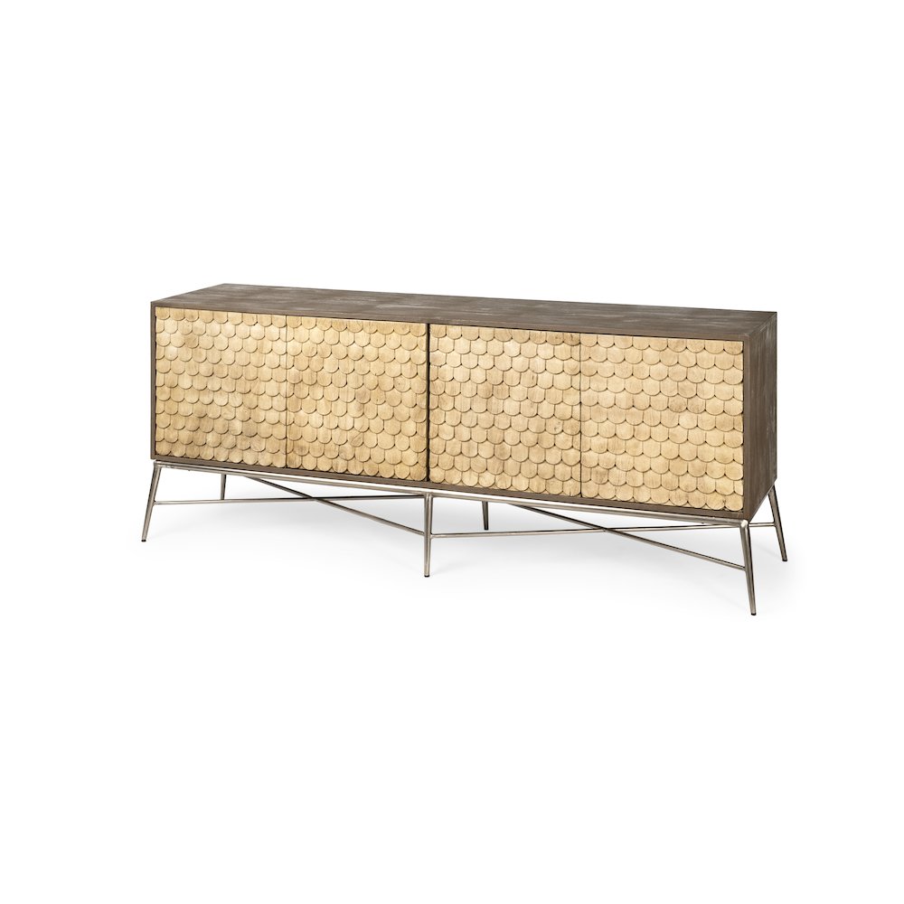 Two-Tone Brown Wood Cabinet Silver Metal Base 4 Cabinet Door Sideboard. Picture 1