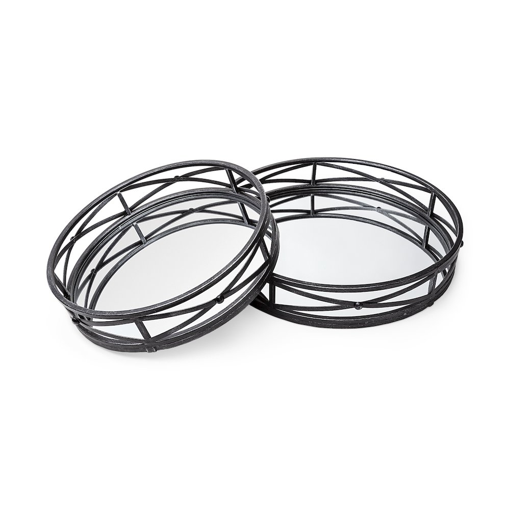 Piers (Set of 2) Black Metal Mirrored Round Trays. Picture 1