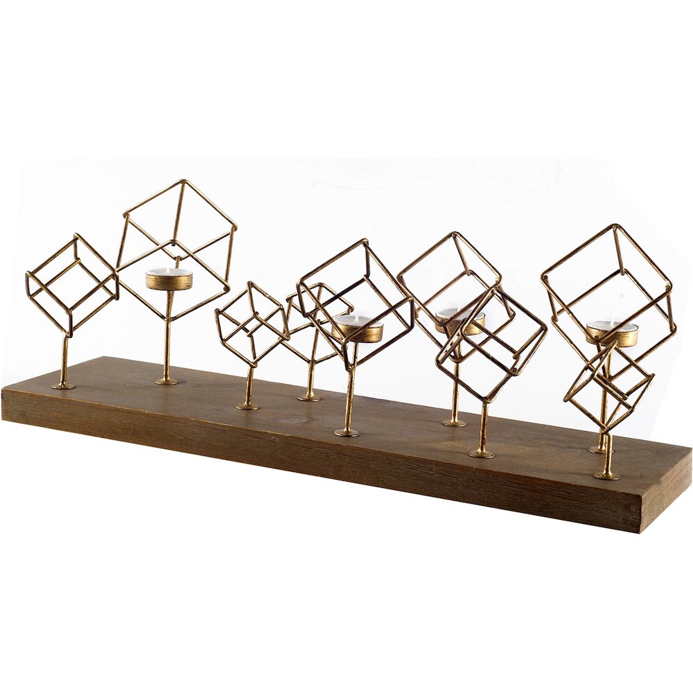 Salvador II Wood Base Brass Cube Tea Light Table Candle Holder. Picture 1