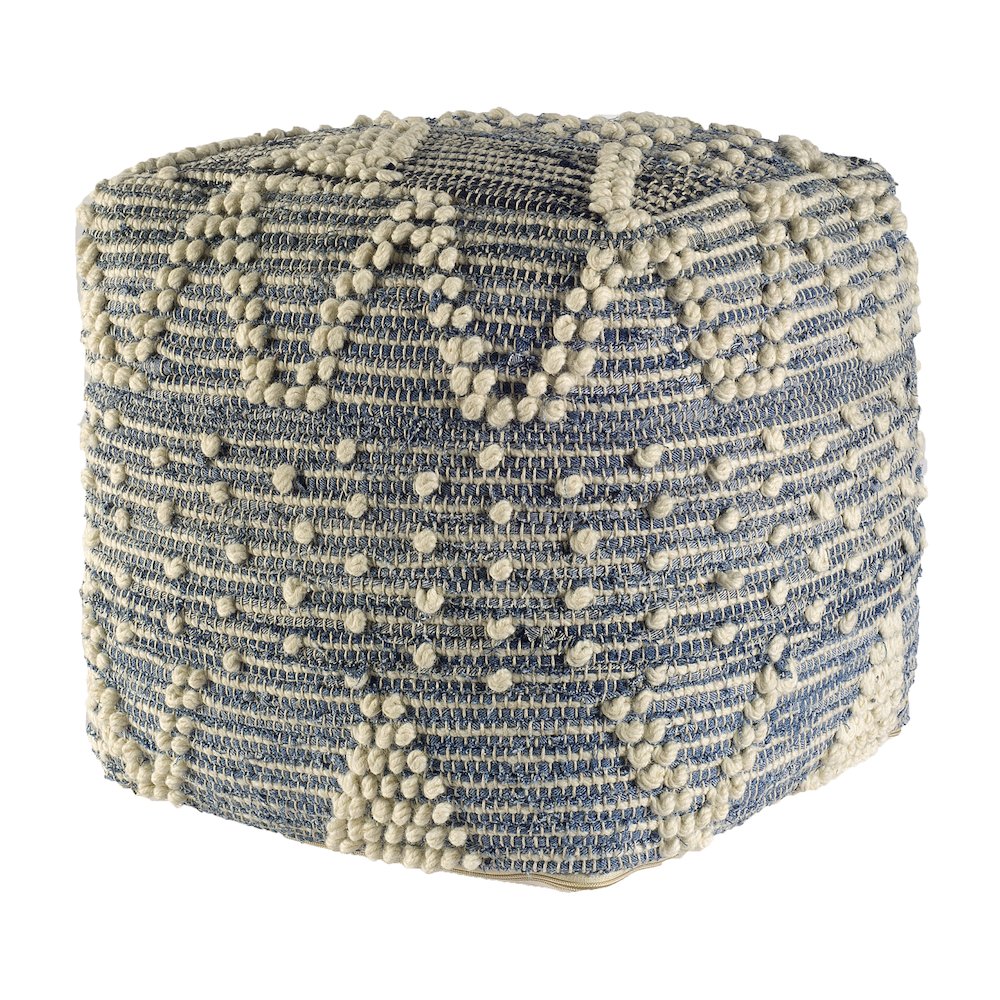 Rofi Blue Denim and Cream Cotton Stitched Square Pouf. Picture 1