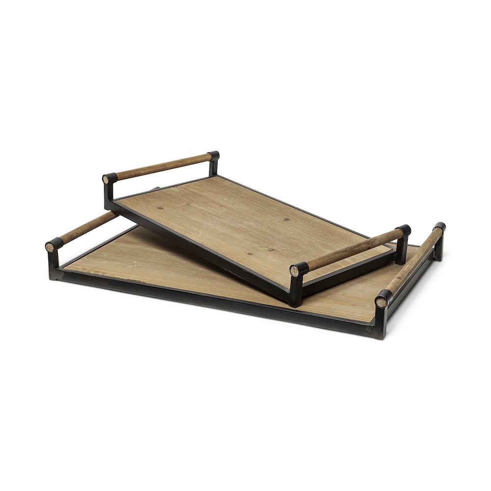 Benson Set of 2 Brown Wood Black Metal Trays. Picture 1
