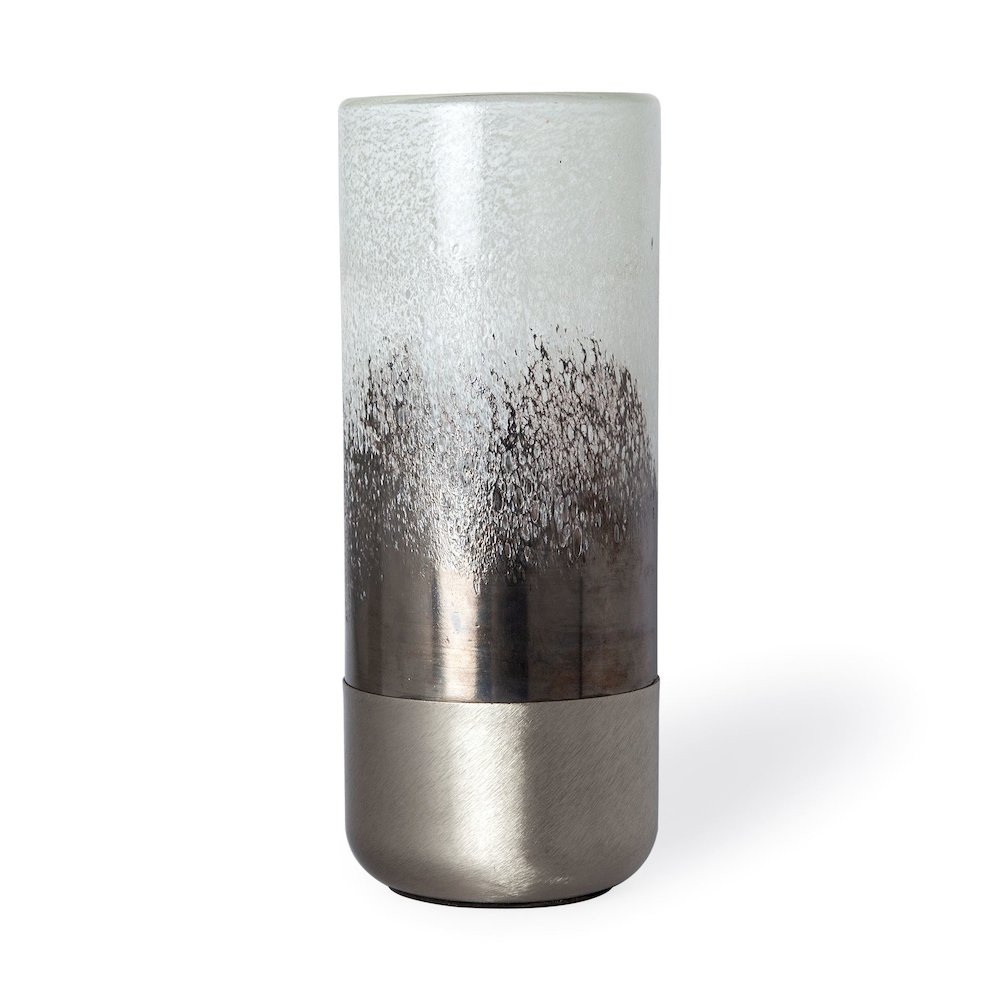 Baltic I Tall White Brushed Silver Metal Bottom Glass Vase. Picture 1