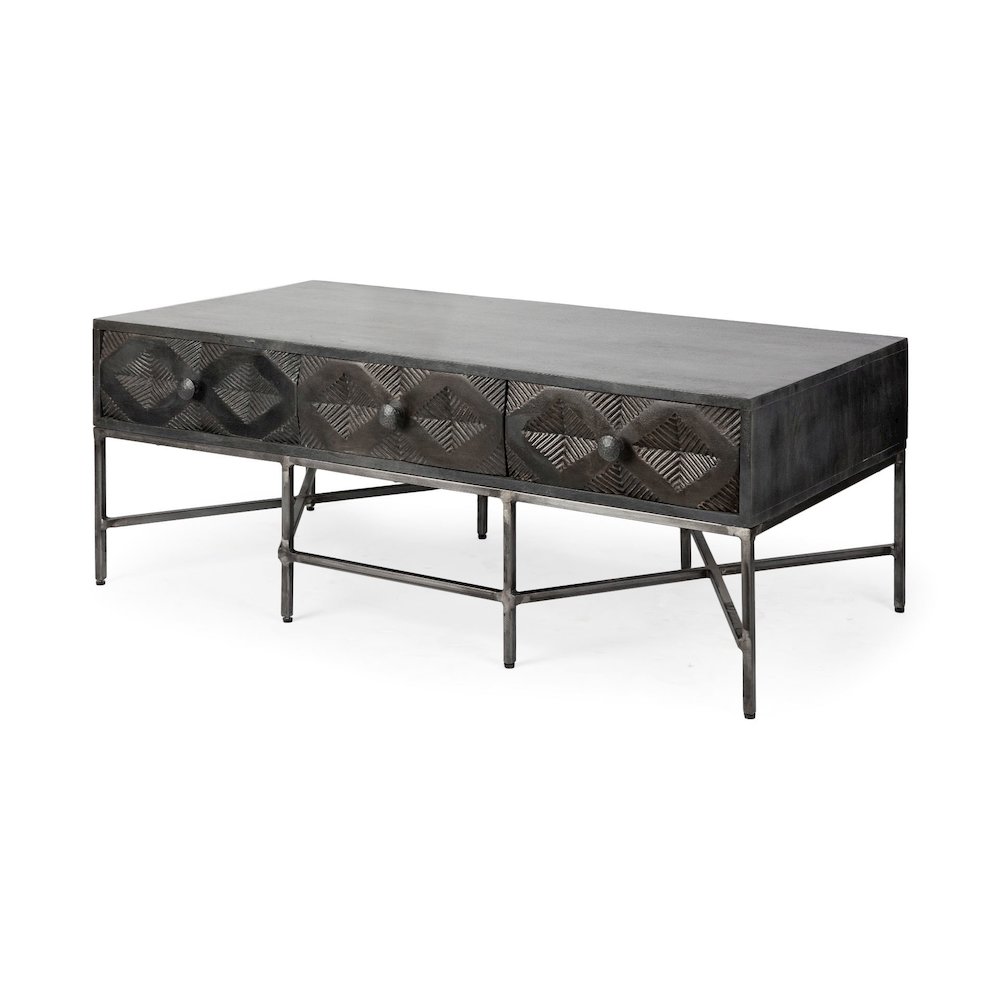 48x24 Rectangular Brown Solid Wood Top Iron Metal Base w/6 Drawers Coffee Table. Picture 1