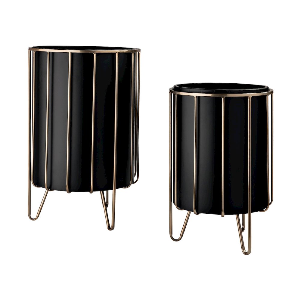 Pianta 13 x 21 Set of Two Black Metal Insert Brass Frame Plant Stands. Picture 1